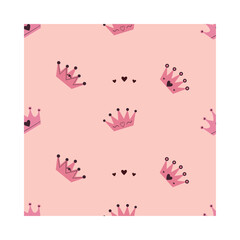 This delightful pattern showcases a variety of pink crowns and tiny hearts against a soft pink background. Ideal for children's products, party decorations, and whimsical stationery