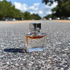 Aromatic essence in a glass flask, a scent of journey and asphalt background