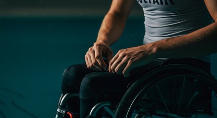 Obraz premium Close up shot of a focused adaptive athlete ready to compete in wheelchair racing with determination and sportsmanship