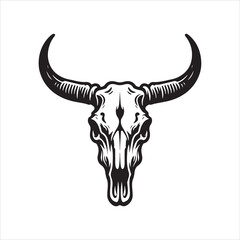 Western Cow Skull with Long Horns – Black and White Vector Line Art