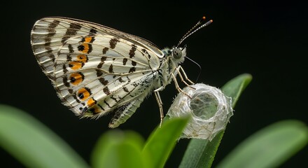 Butterfly Euphydryas aurinia perched delicately on a leaf near its cocoon nature's artistry beauty of metamorphosis environmental harmony macro photography