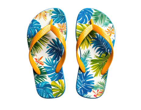 Generic-themed flip-flops featuring a vibrant pattern of blue and green leaves set against a white base with yellow straps isolated on a transparent background