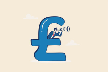 UK, United Kingdom economy forecast, financial or business visionary, England investment profit opportunity concept, businessman hiding behind large UK currency pound using binoculars to see future.