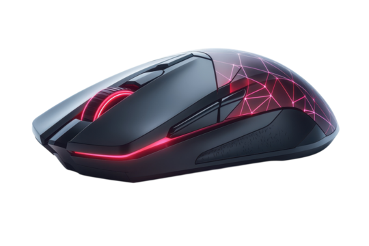 A cutting edge wireless gaming mouse illuminated with radiant crimson light designed for pro e on transparent background