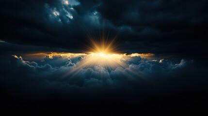 A dark sky with a bright sun shining through the clouds