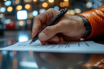 Man writing notes on a paper with a pen in a dimly lit cafe during the evening
