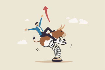 Success investor riding bull market, control risk and balance to success in stock market, challenge or uncertainty concept, confidence businessman investor riding and balance himself on rodeo bull.