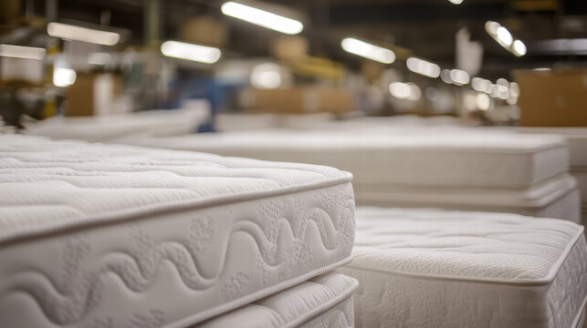 Serene Mattress Warehouse: Capture the ambiance of a vast mattress warehouse, focusing on meticulously stacked mattresses showcasing their textures, and patterns. Emphasizing the clean.