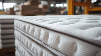 Stacked Mattress Showcase: A detailed view of a stack of pristine, high-quality mattresses in an industrial setting, showcasing the comfort and craftsmanship.
