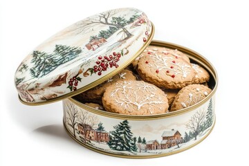 A decorative tin box with a winter scene holds festive cookies decorated with white icing, perfect for holiday gifting or treats.
