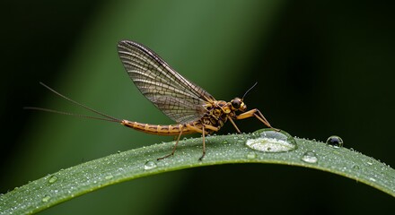 Fototapeta premium Mayfly Resting on Dew-Covered Green Leaf A Delicate Balance of Nature's Intricacies in Macro Photography