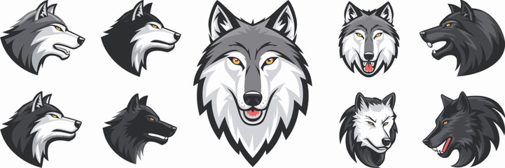 Vector icon collection of expressive wolves with unique markings