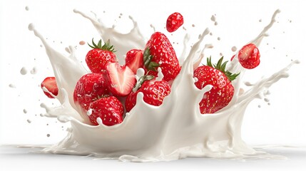 Refreshing Milk and Yogurt Splash with Fresh Strawberries Isolated