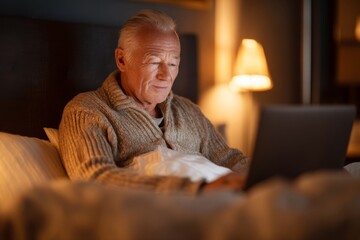 A senior man uses his laptop while resting in bed at home, illuminated by a soft lamp light.