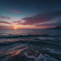 Fototapeta premium A dramatic sunset paints the sky with orange, red, and blue hues over the vast ocean