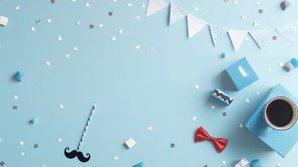 Father's Day Vertical Graphic Design, Light Blue Background with White Blue Confetti and Fuzzy Balls, Triangular Flags Hanging, Mustache Stick and Red Bow Tie, Blue Gift Box Stack with Ribbon