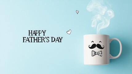 Father's Day Vertical Graphic Design, Light Blue Background with White Mug and Black Mustache, Checkered Bow Tie Steam Effect, "Happy Father's Day" Block Text, Abstract Heart Accents