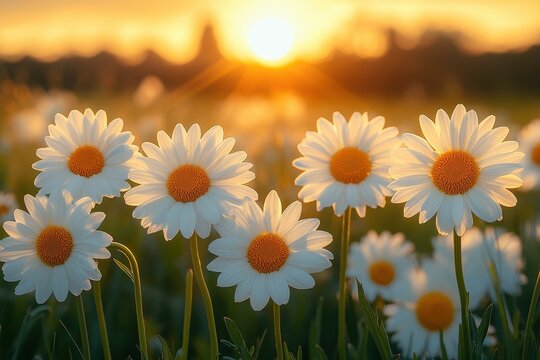 Bright daisies bloom under the sunset in a vibrant field during late spring in a natural setting