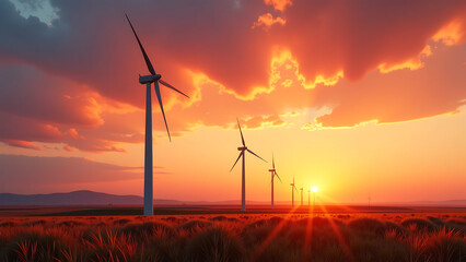 Fototapeta premium sweeping wide shot captures wind turbine farm dusk towering blades stretching towards horizon vibrant