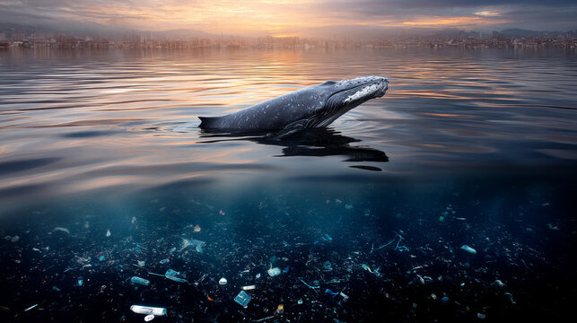 A whale covered in black crude oil struggles to contain a devastating oil spill from a tanker as nature is blighted by human negligence. A global issue threatening ocean wildlife and calling for urge
