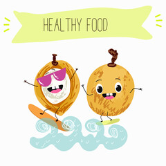 Pitomba fruit cute funny cheerful characters with different poses and emotions. Vector hand drawnvector illistration.