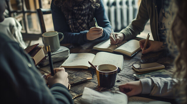 Group of people collaborating around a wooden table with notebooks and coffee cups writing together .