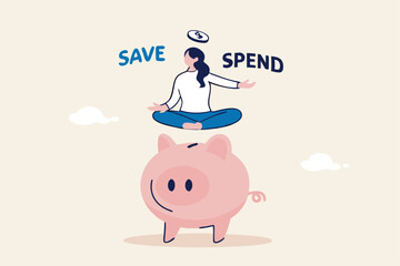 Money decision, save or spend, financial options when receive bonus or extra money, choose to invest or pay off debt concept, doubtful woman lotus sitting on piggy bank balancing save or spend choice.