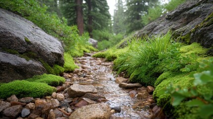 Tranquil Stream Flowing Over Smooth Stones Surrounded by Lush Green Vegetation and Trees