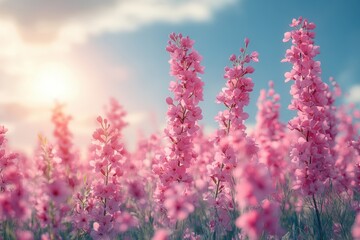 Obraz premium Beautiful field filled with pink flowers under a bright blue sky during sunset in a serene landscape