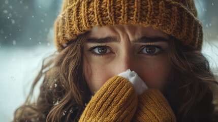 Winter's Chill: Capturing a moment of vulnerability, a person braves the cold winter, sniffling with a tissue amid falling snowflakes.