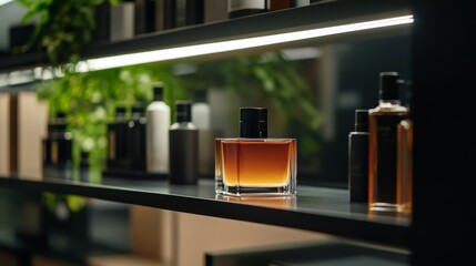 Fototapeta premium A designer perfume collection displayed on a sleek glass shelf, illuminated with elegant lighting, luxury store ambiance,