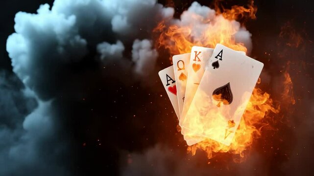 Burning playing cards with fire and smoke effect on dark background showing dramatic poker hand scene