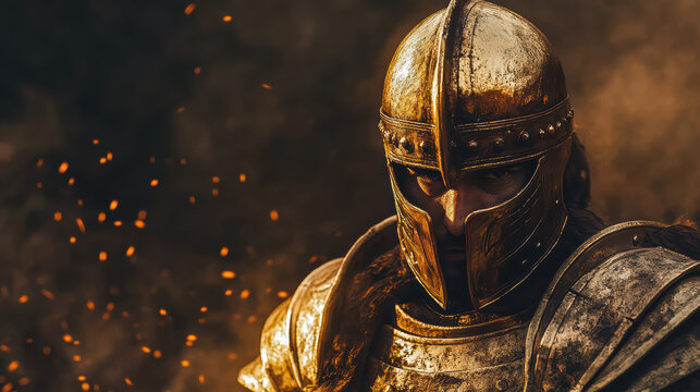 Knight in Golden Armor: A valiant knight, clad in gleaming golden armor and a majestic helmet, stands amidst a fiery, smoky battlefield, his gaze intense and unwavering.  