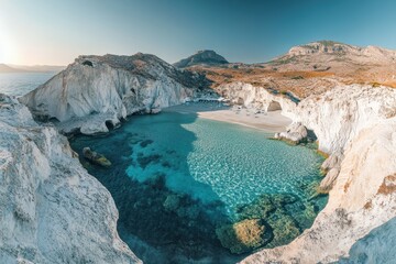 Fototapeta premium Exploring the serene waters and stunning cliffs of Agios Konstantinos beach on Milos island in the Cyclades, Cyclades Milos island Agios Konstantinos beach aerial panorama