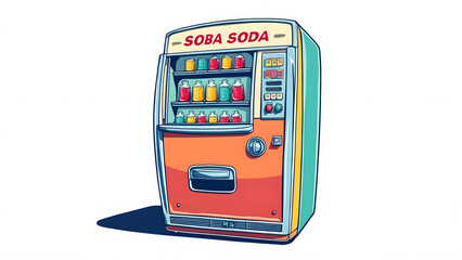 Vintage soda vending machine with colorful bottles in retro style cartoon illustration, bright and cheerful design for beverage lovers