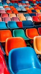 Fototapeta premium Colorful stadium seating rows vibrant seats event venue seating arrangement spectator area empty seats