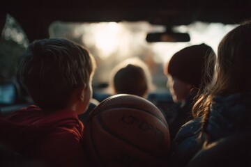 Children in a car, sunlight framing their adventure, with a basketball ready for play.