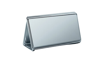 A sleek modern silver metallic table tent card poised to display a vital message bathed in on transparent background