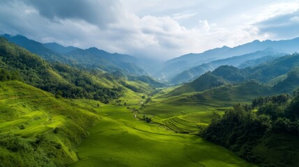 Obraz premium A drone shot capturing the endless curves of rice terraces, beautifully blending with the contours of the mountains,