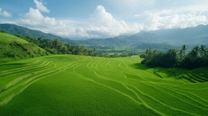 Fototapeta premium A drone shot capturing the endless curves of rice terraces, beautifully blending with the contours of the mountains,