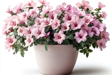 Fototapeta premium Pink flowering plant in a neutral pot showcasing vibrant blooms and lush foliage