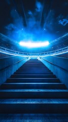 Stadium stairs leading up to bright lights at night time sports venue architecture photography