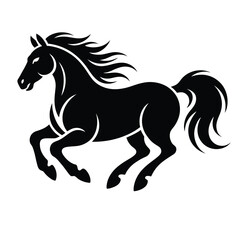 Obraz premium Black Silhouette of Galloping Horse Isolated on White Background – Vector Illustration for Logo or Tattoo Design 