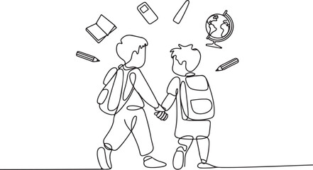 One line drawing of two school children walking together with backpacks, holding hands, surrounded by floating book, pencil, and globe icons

