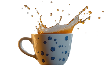 A vibrant liquid explodes from a playful polka dot mug capturing a moment of pure energy and on transparent background