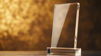Elegant Glass Trophy: A pristine glass trophy stands on a reflective surface, its clean lines and transparent form exuding sophistication against a warm, golden backdrop.