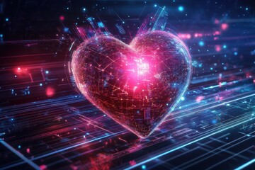 Futuristic glowing digital heart concept floating in cyberspace with vibrant colors and intricate patterns, Futuristic Glowing Digital Heart in Cyberspace