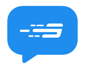 A blue speech bubble with a white stylized s and motion lines indicating speed and fast communication