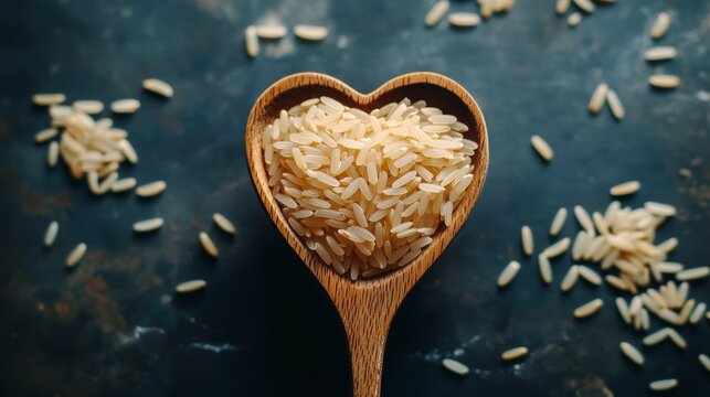 Heart-shaped wooden spoon filled with uncooked brown rice grains on dark background. (1)