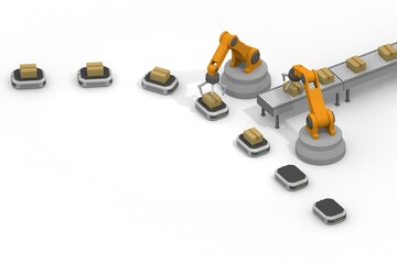 ロボットとコンベヤーベルトによる自動物流：効率的な倉庫搬送システム